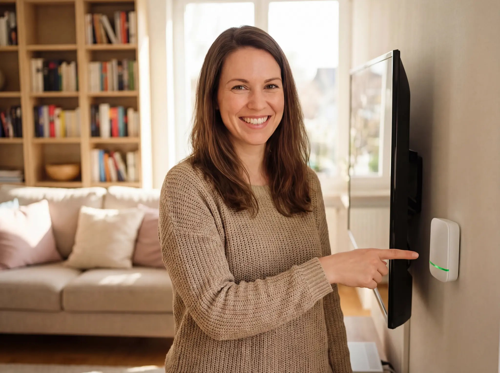 Homeowner smiling while pointing at VoltCore energy-saving device installed on wall
