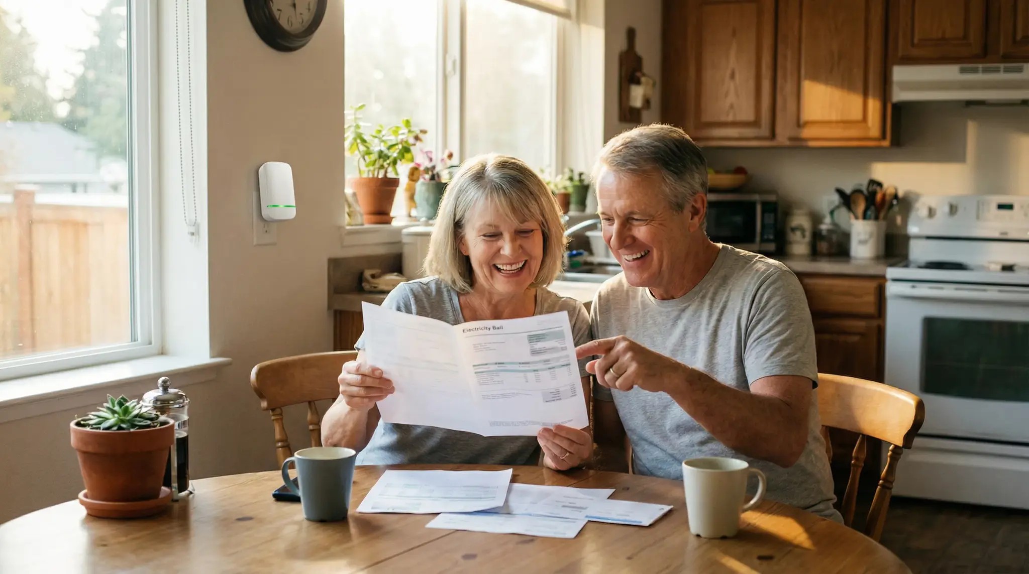 Happy couple reviewing reduced electricity bill after installing VoltCore energy optimizer